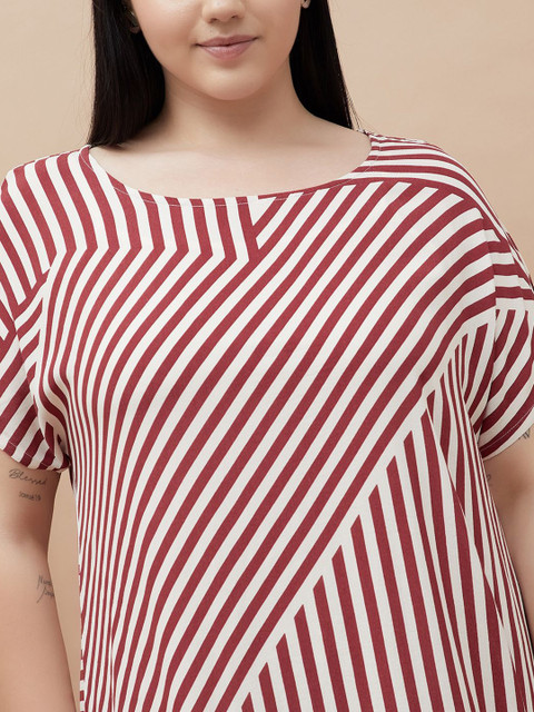 Women Plus Size Striped Round Neck A-Line Midi Dress - Image 2