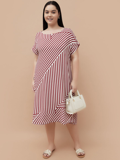 Women Plus Size Striped Round Neck A-Line Midi Dress