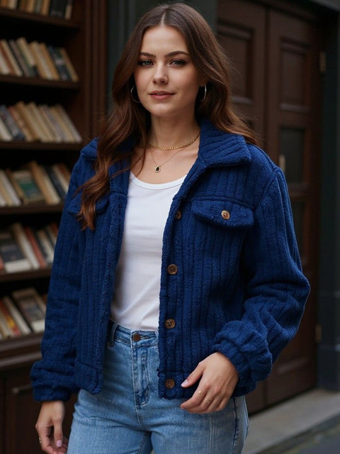 DressBerry Self Design Spread Collar Long Sleeves Open Front Jacket