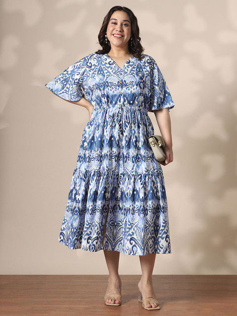 Globus Gloplus Ethnic Motif V-Neck Flared Sleeves Fit & Flare Tiered Plus Size Midi Dress