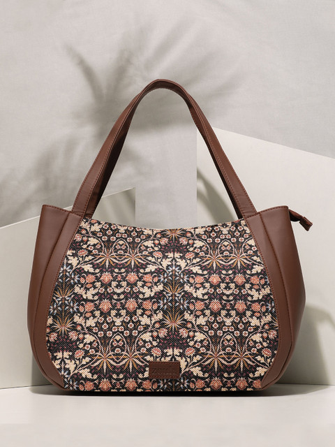 ZOUK Floral Printed Structured Jute Shoulder Bag