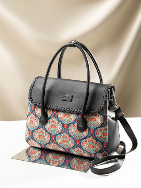 ZOUK Ethnic Motifs Printed Structured Jute Satchel Bag