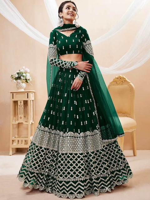 Moda Rapido Women Green Pure Georgette Sequinned Ethnic Lehenga