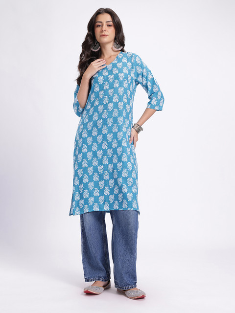 Anouk Rustic Ethnic Motif Printed V-Neck Straight Kurta