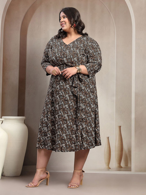 plusS Plus Size Printed Puff Sleeve Fit and Flare Midi Dress - Image 4
