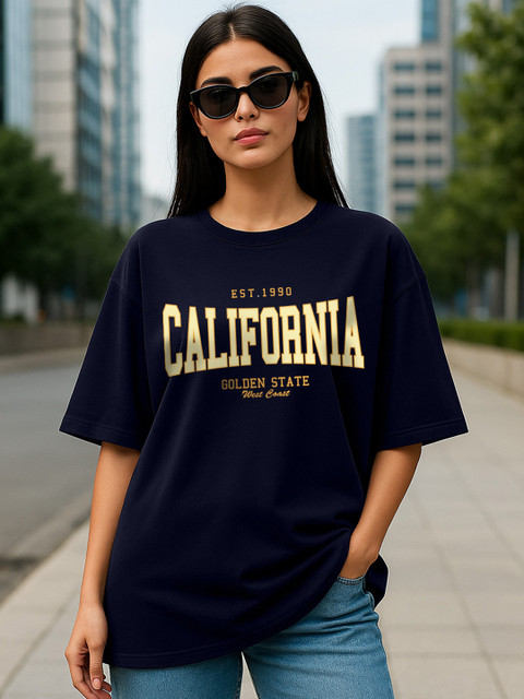 JUNEBERRY Women Navy Blue Typography Printed Round Neck Relaxed Fit Oversized T-shirt