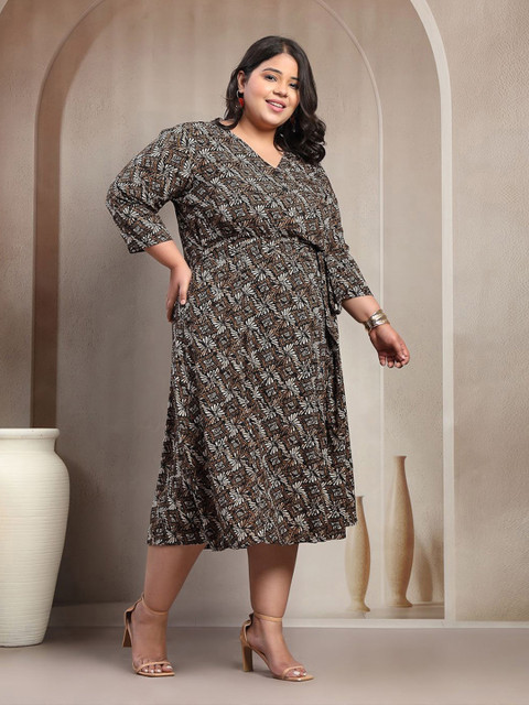 plusS Plus Size Printed Puff Sleeve Fit and Flare Midi Dress - Image 3