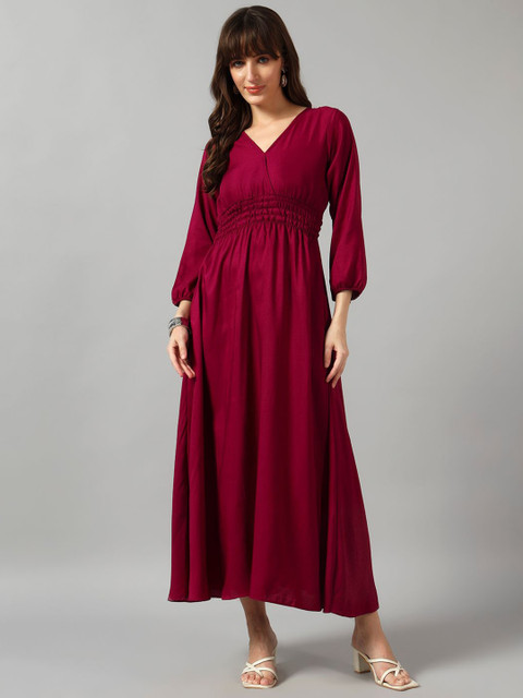 Femvy Women Smocked V-Neck Puff Sleeves Crepe Fit & Flare Maxi Dress