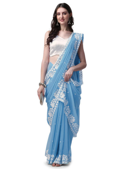 HESVI Floral Embroidered Pure Georgette Saree