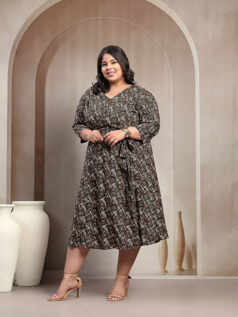 plusS Plus Size Printed Puff Sleeve Fit and Flare Midi Dress - Image 7