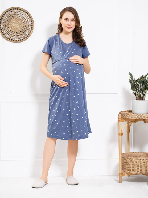QUIRA Printed Half Sleeves Round Neck Knee Length Maternity Nightdress