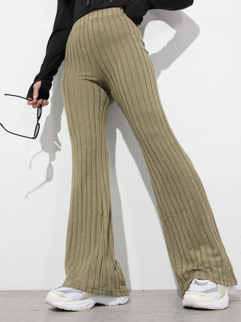 The Roadster Life Co. Women Self Striped Bootcut Trousers