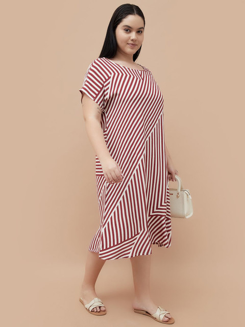 Women Plus Size Striped Round Neck A-Line Midi Dress - Image 4
