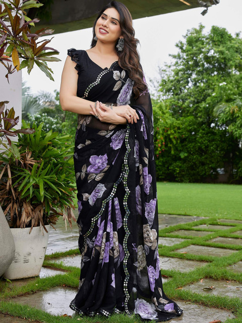 HERE&NOW Floral Printed Mirror Work Pure Georgette Saree With Unstitched Blouse Piece