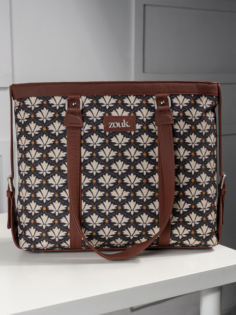 ZOUK Black Floral Print Structured Laptop HandTote Bag