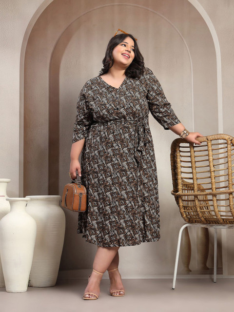 plusS Plus Size Printed Puff Sleeve Fit and Flare Midi Dress - Image 6