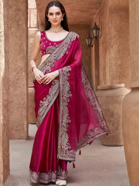 ROFOLO Ethnic Motifs Embroidered Satin Saree