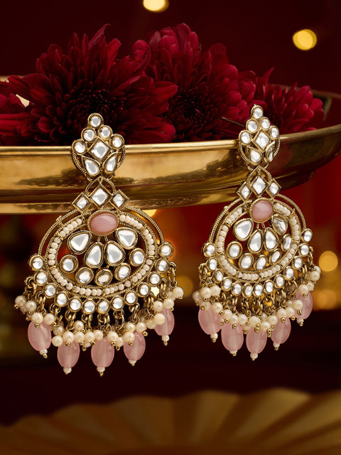 Zaveri Pearls Gold-Plated Kundan Studded & Beaded Oval Shaped Drop Earrings