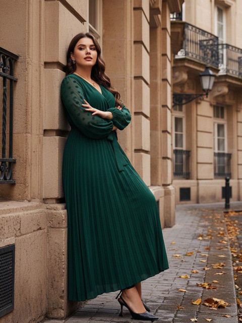 Sztori Plus Size V-Neck Wrap Puff Sleeve Accordion Pleats Midi Dress