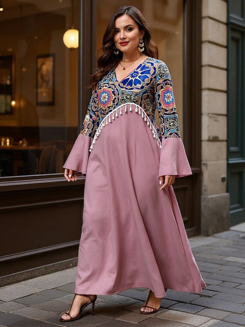 Sztori Plus Size Ethnic Motifs Colourblocked Flared Sleeve Fringed A-Line Maxi Dress