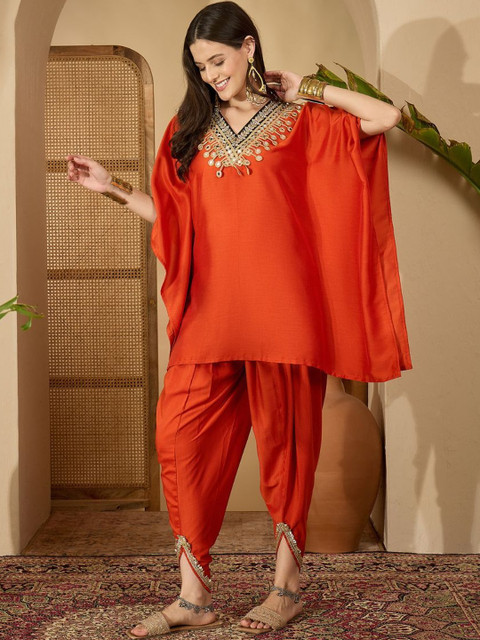 Youthnic Ethnic Motifs Yoke Design Mirror Work Cotton Silk Kaftan Kurta With Dhoti Pants