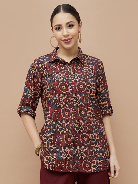 Melange by Lifestyle Ethnic Motifs Printed Shirt Collar Pure Cotton Straight Kurti