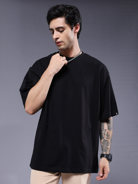 PRONK Men Solid Round Neck Cotton Oversized T-shirt