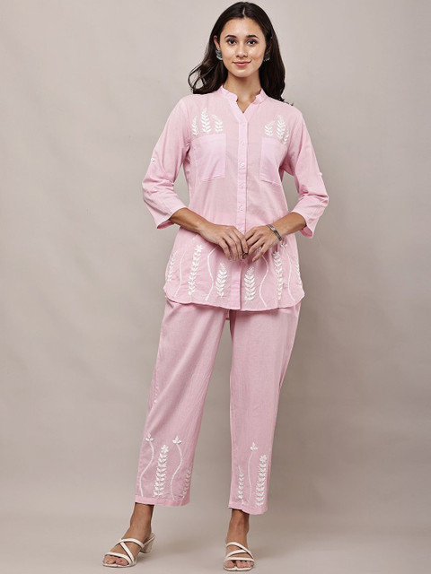 HERE&NOW Women Pink Pure Cotton Embroidered Tunic & Trousers Co-Ords