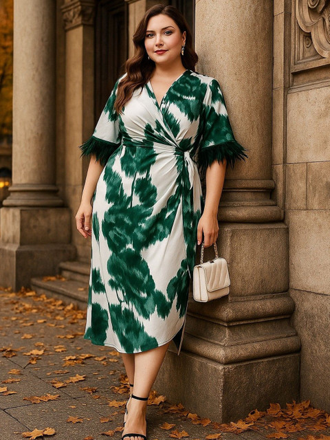 DressBerry Curve Tie and Dye Dyed Plus Size Flared Sleeve Wrap Midi Dress