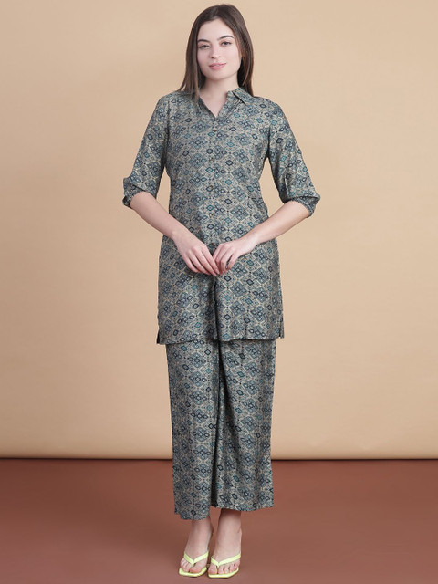 V-Mart Floral Printed Pure Cotton Shirt Collar Tunic With Trousers