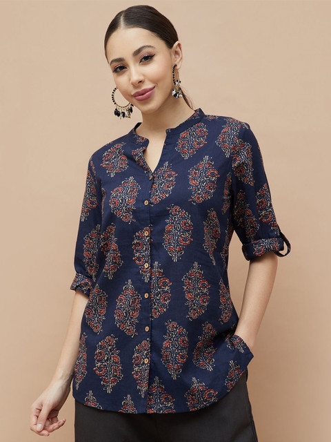 Melange by Lifestyle Ethnic Motifs Printed Mandarin Collar Pure Cotton Straight Kurti