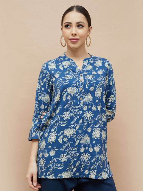 Melange by Lifestyle Floral Printed Mandarin Collar Straight Kurti