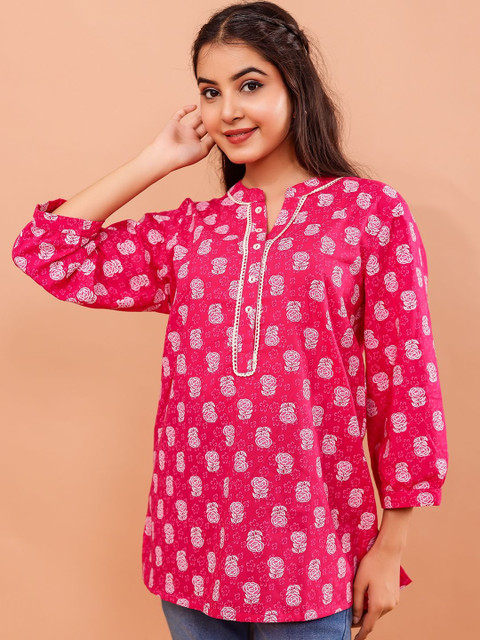 VASVI Floral Printed Mandarin Collar Ethnic Cotton Top