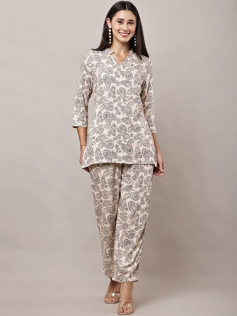 HERE&NOW Women Beige Viscose Rayon Printed Co-Ords