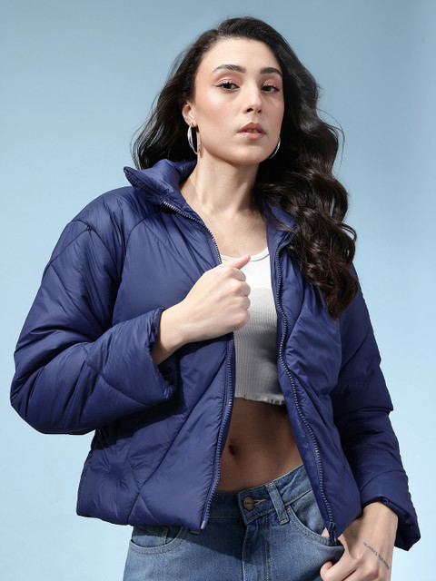 glitchez Mock Collar Drop-Shoulder Sleeves Crop Relaxed Fit Padded Jacket