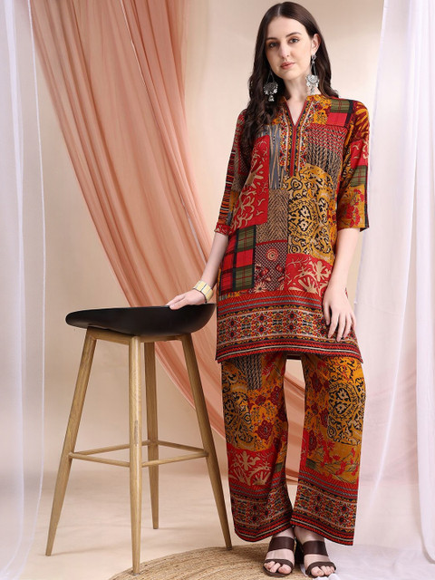 KALINI Women Printed Mandarin Collar Tunic & Palazzos Co-Ords