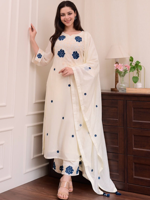 HERE&NOW Women Floral Embroidered Regular Thread Work Kurta with Trousers & With Dupatta