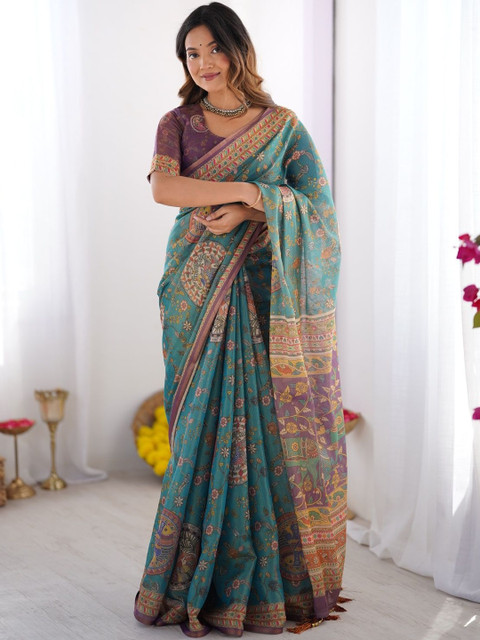 MAHARANI COUTURE Floral Printed Pure Cotton Printed Jamdani Saree With Tassels