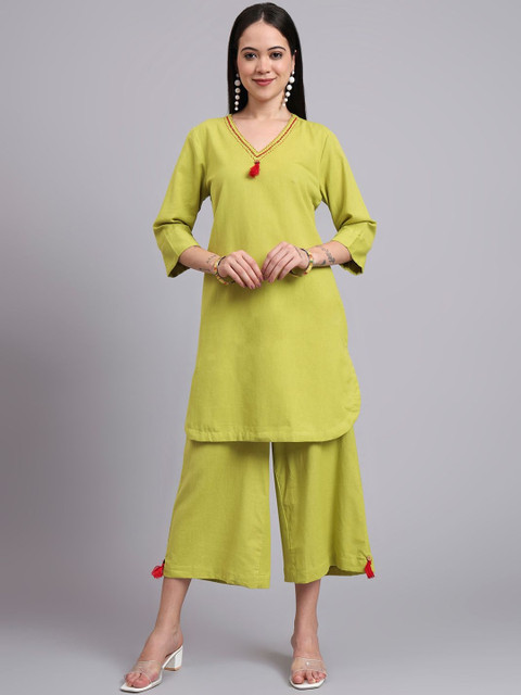 HERE&NOW Women Embroidered V-Neck Pure Cotton Co-Ords