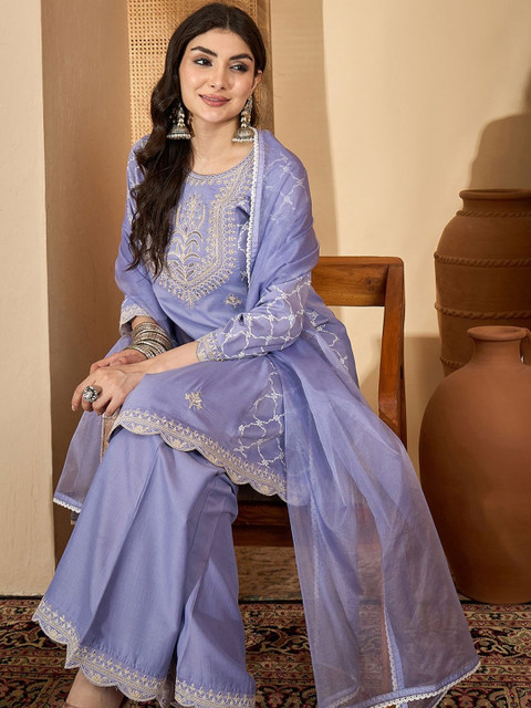 Sangria Floral Embroidered Thread Work Chinon Silk A-Line Kurta With Palazzos & Dupatta