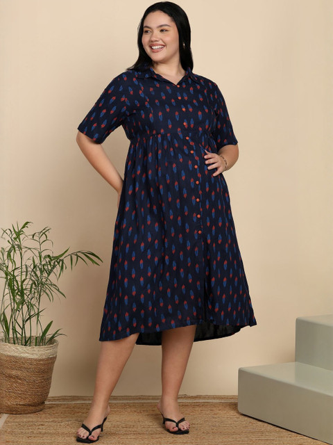 YASH GALLERY Women Plus Size Printed Shirt Collar Maternity Fit and Flare Midi Dress