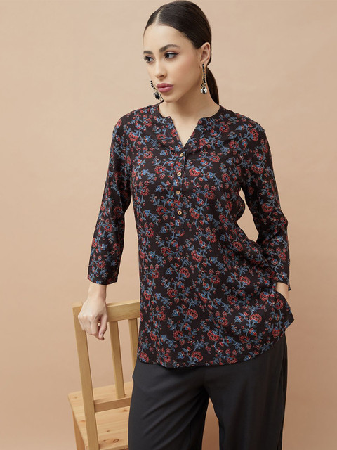 Melange by Lifestyle Floral Printed Mandarin Collar Straight Kurti