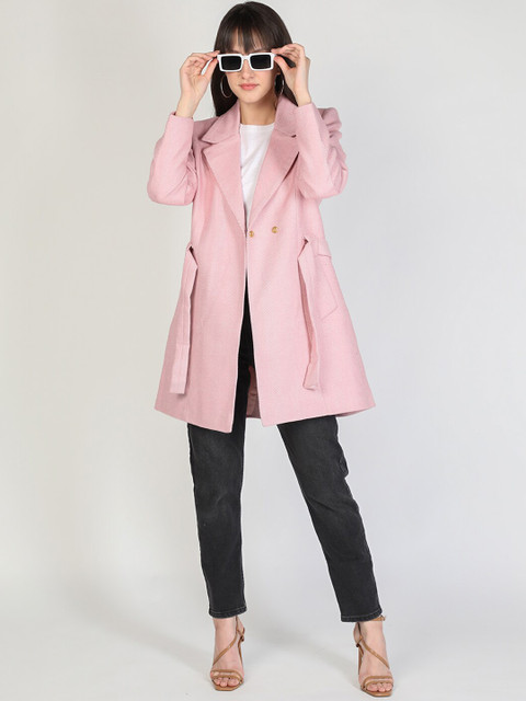 HONNETE Women Pink Solid Single-Breasted Overcoat