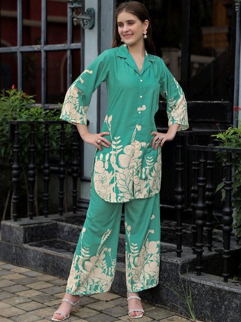 CORSICA Women Sea Green Viscose Rayon Printed Co-Ords