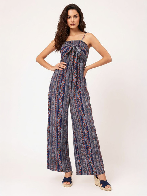 DressBerry Classic Cool Ethnic Printed Shoulder Straps Tie-Up Jumpsuit