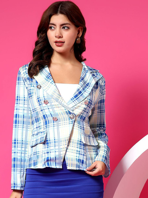 POPCULTR Checked Notched Lapel Long Sleeves Double-Breasted Casual Blazers