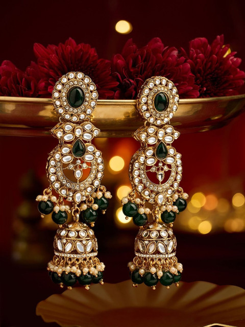 Zaveri Pearls Gold-Plated Artificial Stones Studded and Beaded Dome Shaped Jhumkas