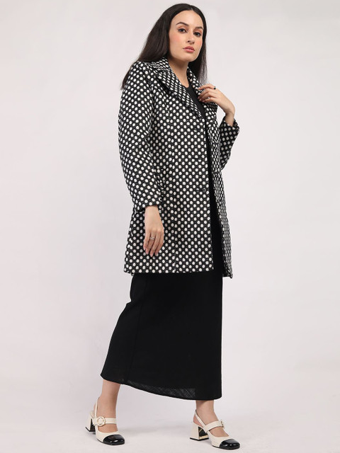HONNETE Women Polka Dots Printed Notched Lapel Collar Single-Breasted Winter Overcoat