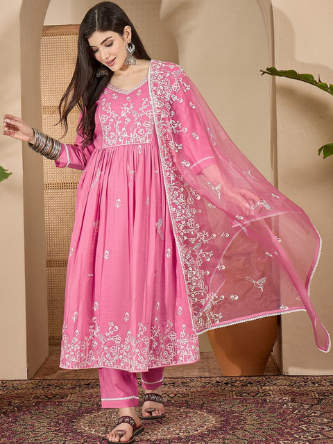 Sangria Floral Embroidered V-Neck Thread Work Chinon Silk Kurta With Trousers & Dupatta