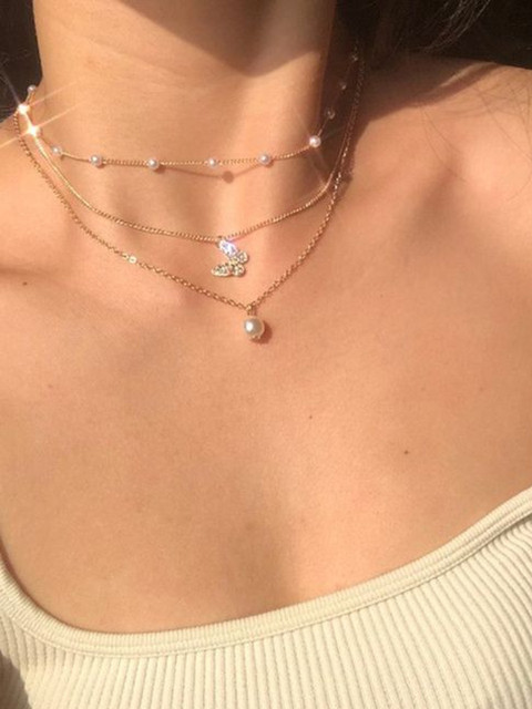 Stoln Artificial Stones Studded & Pearls Beaded Layered Minimal Necklace